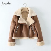 foreach high quality 2021 winter leather jacket women turnover collar zipper short outwear plus velvet thick women wild jacket