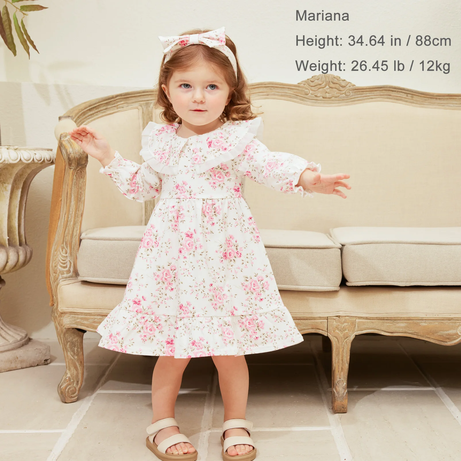 

Детское хлопковое платье с оборками, длинным рукавом и цветочным принтом