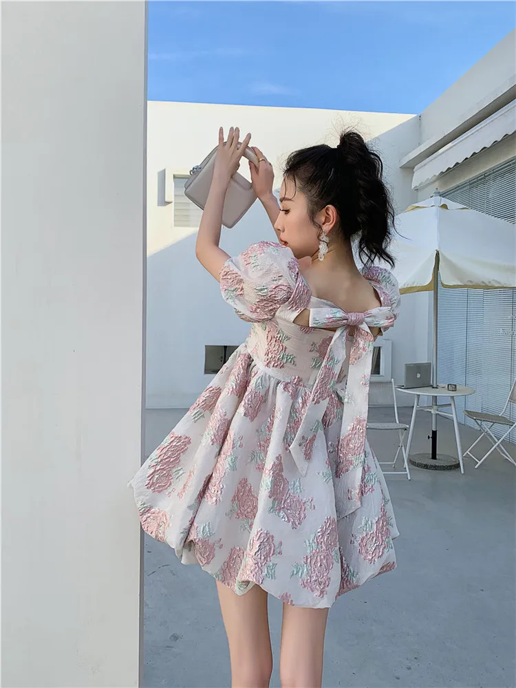 

2021 New Women's Fashion Design Sexy Bowknot Puff Sleeve Short Sleeve Temperament Puffy Dress
