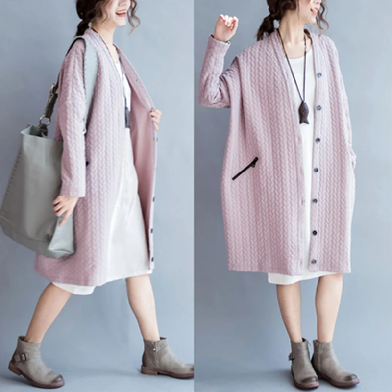 

2019 New Spring Autumn Middle-aged Long Sweater Cardigan Coat Female Vintage Casual Loose Coat 230 pounds fat MM can wear cc155