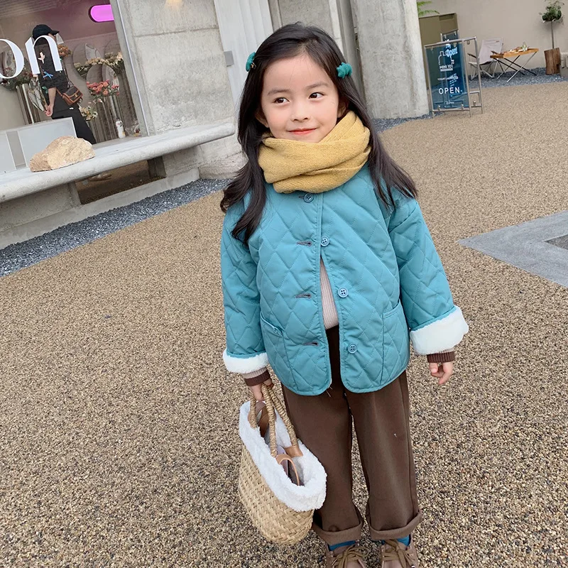 

MILA CHOU 2021 Winter Baby Girls Quilted Cotton Velet Jacket Children Warm Cotton Padded O-Neck Coat Tops Kids Clothes 2-3Y