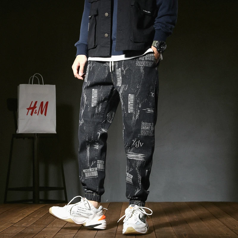 

2021 Spring And Autumn Men's Jeans Casual Fashion Loose Feet Black Gray Stitching Contrast Color Men's Large Size M-5XL New