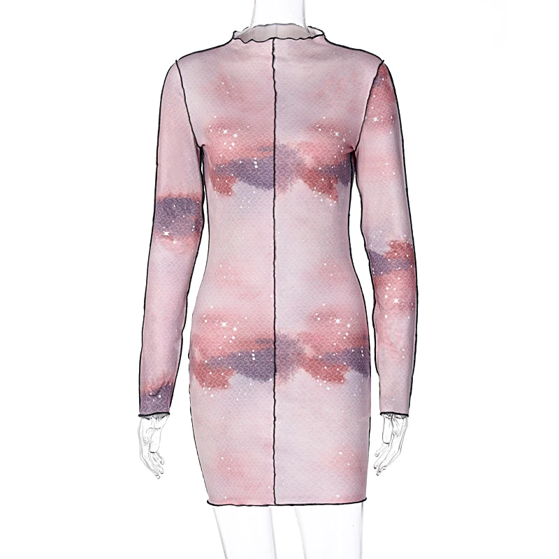 

Cutubly Long Sleeve Dress Tie Dye Print Sexy Mini Dress Autumn Winter Women Fashion Streetwear Vintage Party Dresses For Women