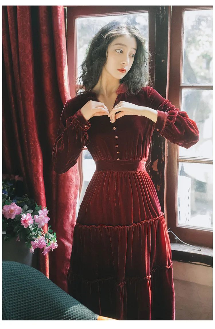 

French Vintage Palace Maxi Dress V-neck Long Sleeve Velvet Dress Autumn Retro Women Ladies Dresses sukienki jurken