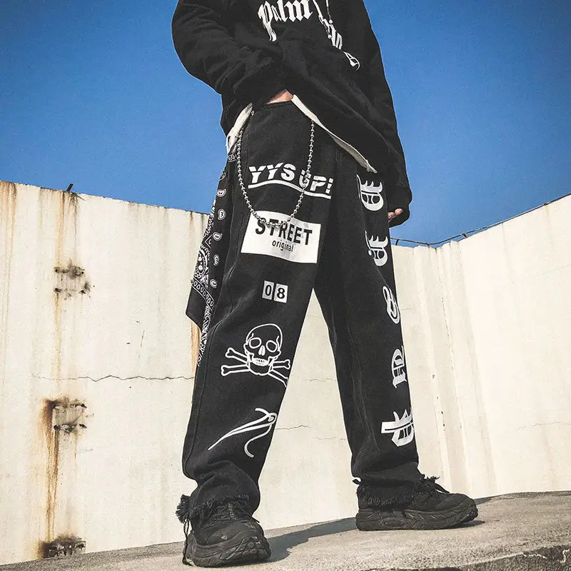 

Hip Hop Reflective Letter Men Black Straight Jeans Streetwear Men's Loose Wide Leg Denim Pants 2020 Man Fashion edgy Trousers