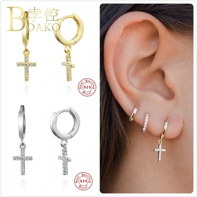 

Earrings For Women Real 925 Silver Gold Cross Pendant Earrings Girl Ear Bone Piercing Earring Female Small Hoop Aretes K5
