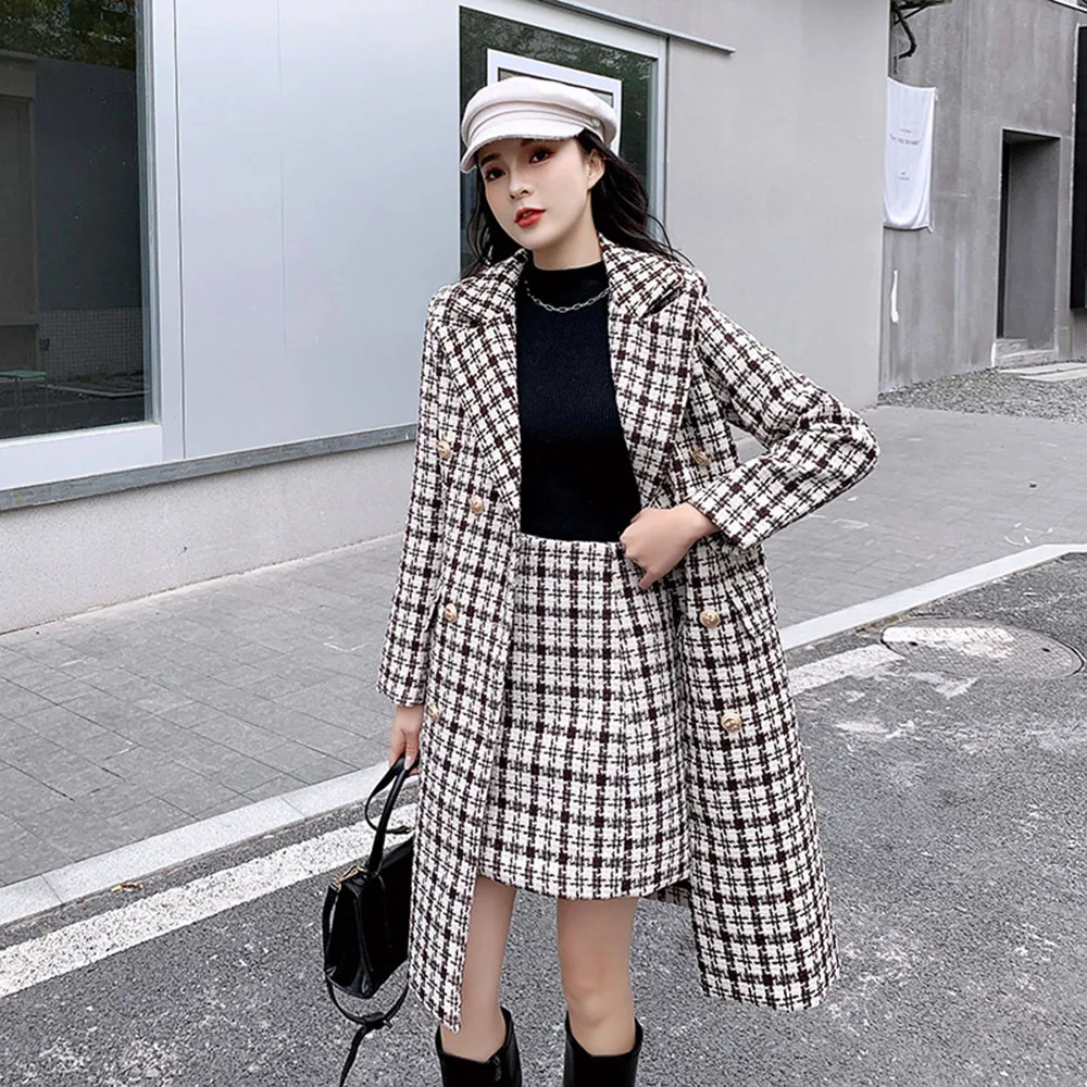 

Japanese Style Korean Fashion Womens Two Piece Sets Winter 2021 Temperament Elegant Woolen Coat Long Sleeve Lattice Women
