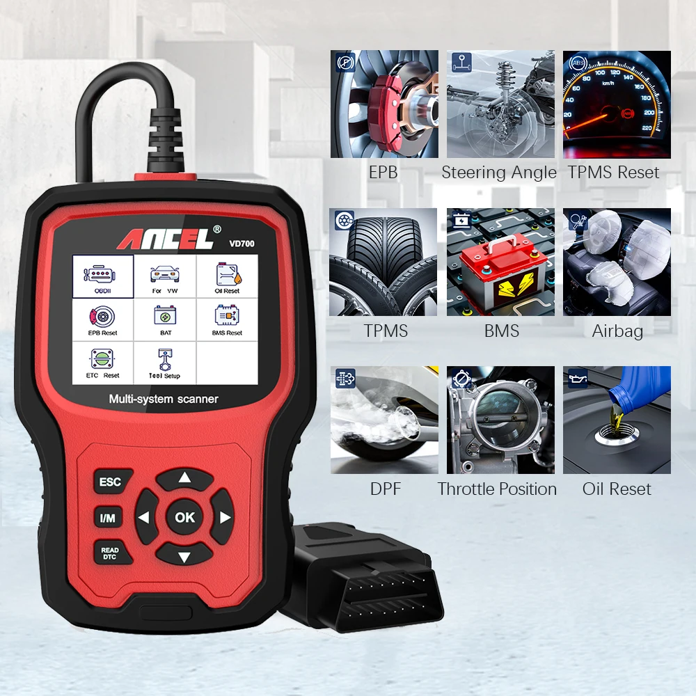 Ancel VD700 OBD2 сканер для диагностики автомобиля полная система индивидуальное сканирование Подушка безопасности ABS масло EPB сброс диагностический Автомобильный сканер инструмент
