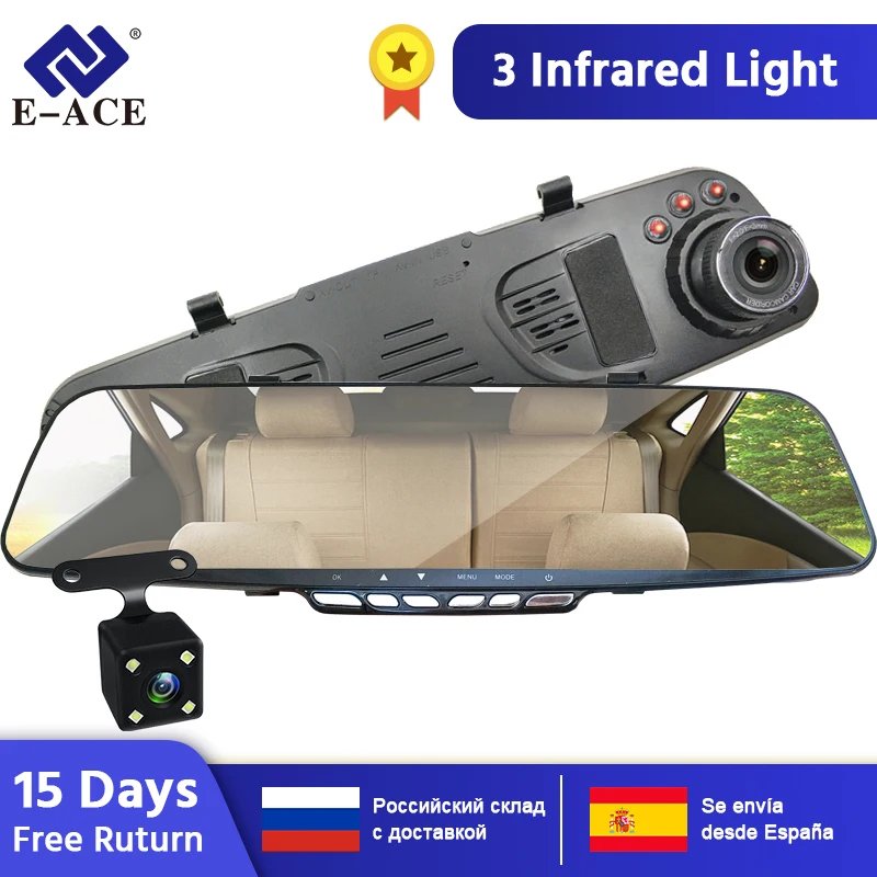 E-ACE Автомобильная Dvr камера 4," зеркало заднего вида видеорегистраторы 1080P+ 1080P видео рекордер Авто Dashcam 3 IR ночное видение с камерой заднего вида