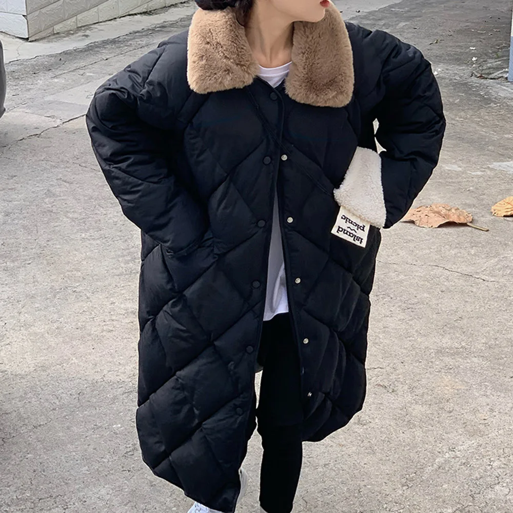 Ladies Cotton Padded Jacket Winter Women's New Korean Fashion Rhombus Mid-length Fur Collar Parkas Mujer Manteau Femme Hiver