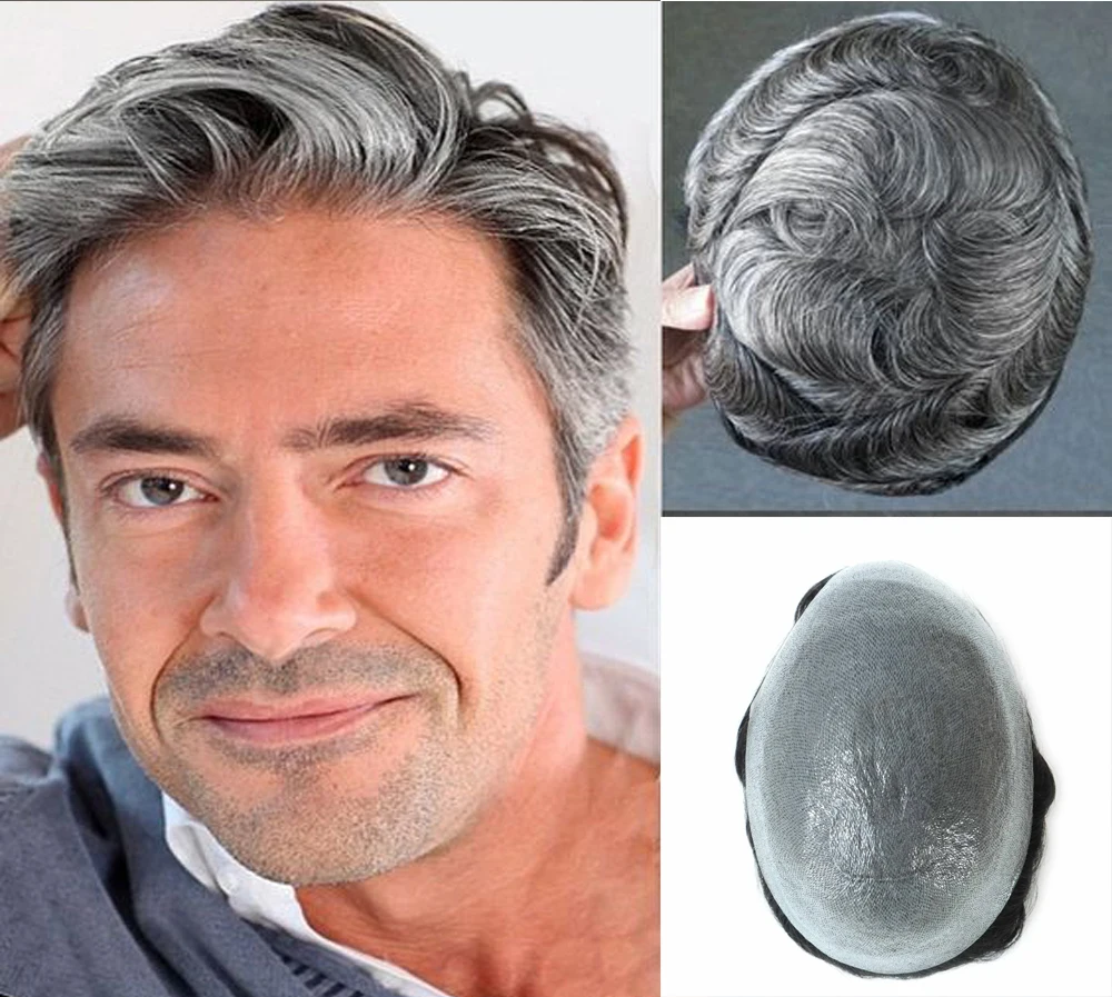 BYMC Full Pu Mens 100% Grey Human Hair Toupee For Men Hairpiece Remy Indian Hair Mens Wig Replacements Soft Natural Looking