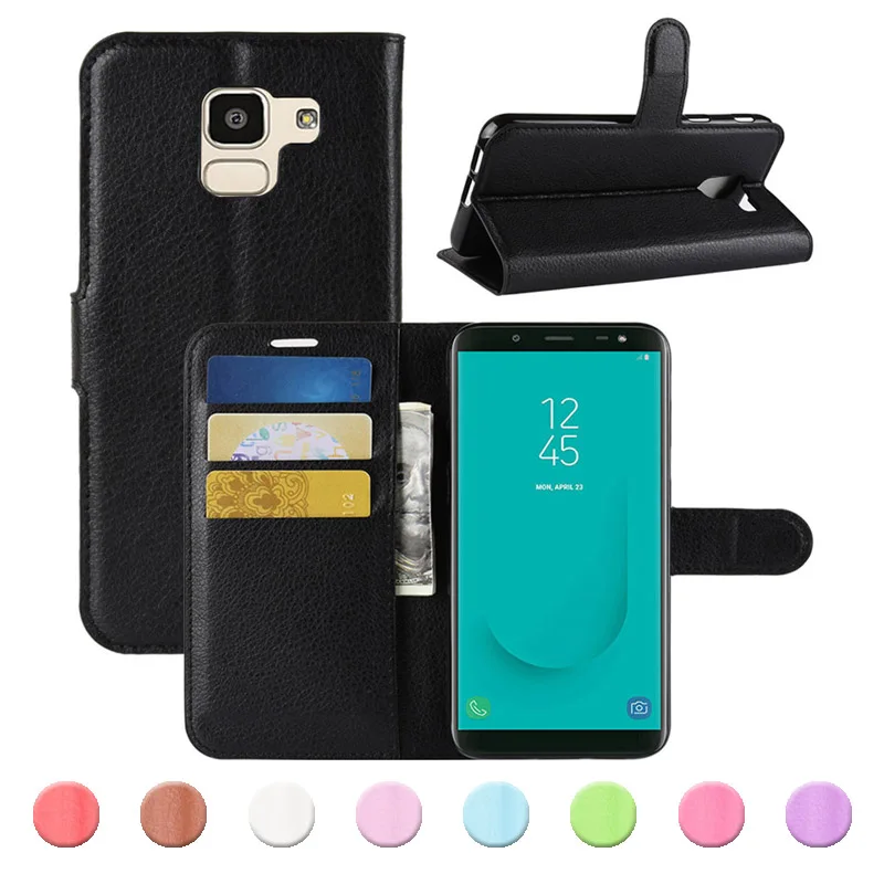 Кожаный чехол для Samsung J6 чехлы с откидной крышкой J4 Core личи узором в виде книги