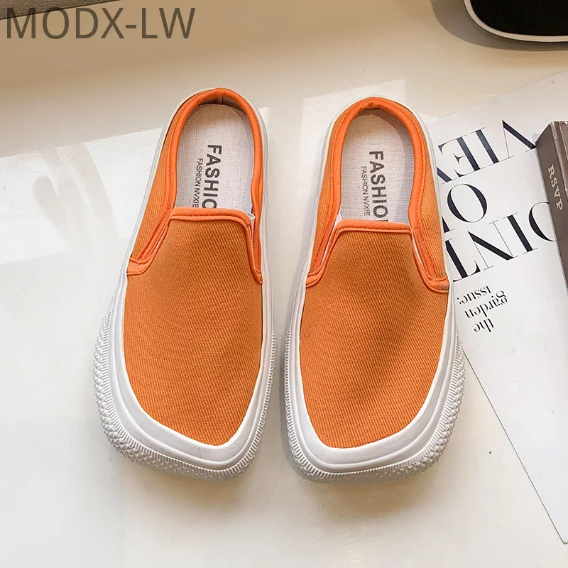 

2021 New Spring and Autumn All-match Leopard Half Slippers Women Canvas Thick Bottom Big Toe Shoes for Ladies Lazy Shoes Women