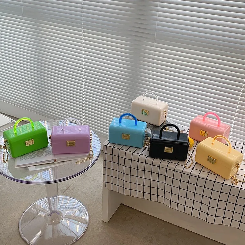 

Fashion Exquisite Acrylic Box Bag Women Clutch Totes Luxury Shoulder Bags Female PVC Solid Color Chain Handbag for Women 2021