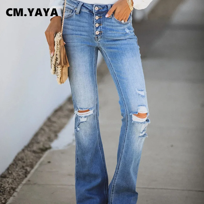 

CM.YAYA Women Washed High Waist Button Up Denim Pants Retro Sexy Jeans Ripped Flare Hole Trousers Street Skinny Lady Jean Pants