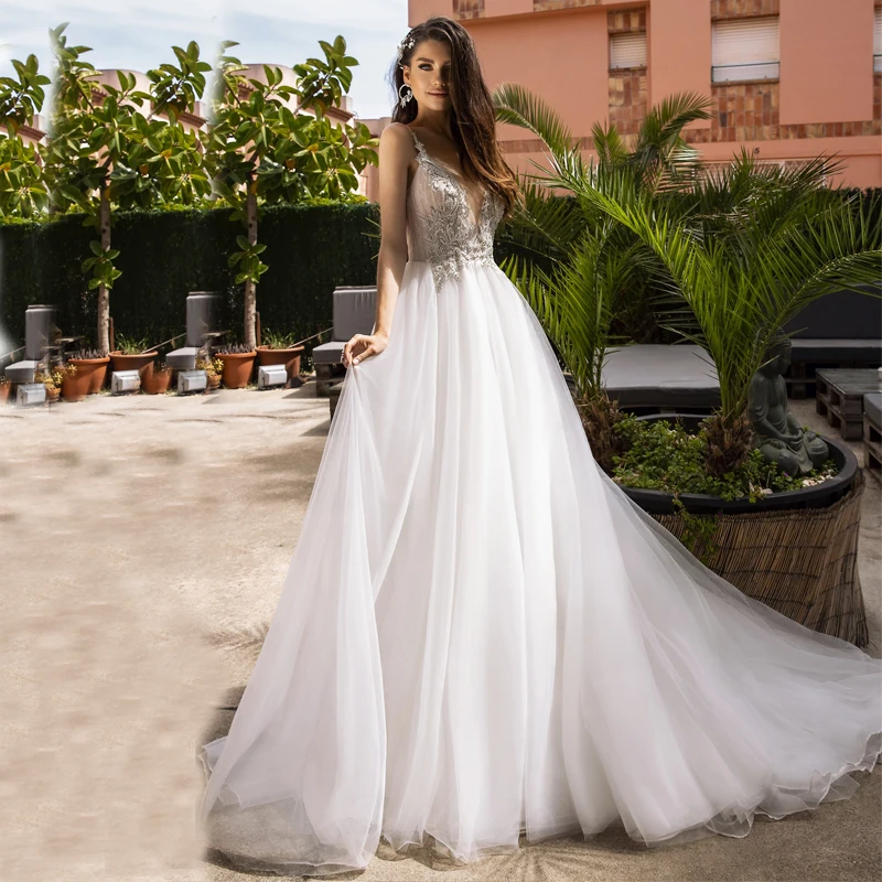 

Wedding Gowns for Bride 2020 Spaghetti Straps Crystals Beaded Lace Appliques Tulle Weeding Dress Women Tv10