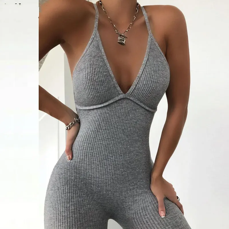 

V-образный вырез скинни SexyJumpsuit Для женщин Летнее открытое Partywear с лямкой на шее без рукавов уличная Фитнес с низким вырезом на спине LC6090