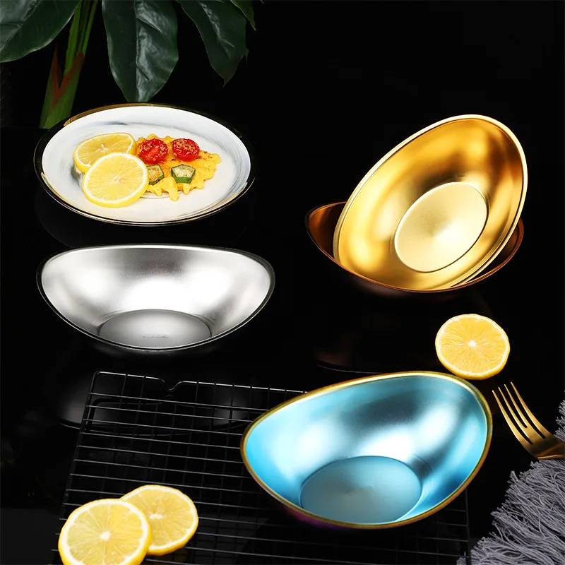 

304 stainless steel 1mm thick ingot shape Korean salad bowl plate rotisserie tableware creative fries container Tableware
