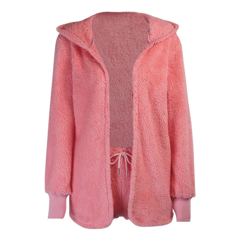 

20455p cross border autumn and winter new hairy Hooded Sweater Shorts Set two piece solid color sexy Shorts Set