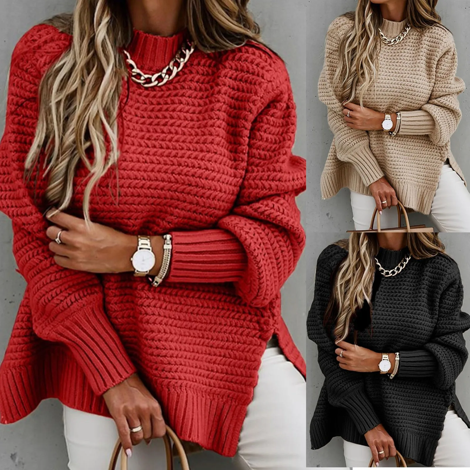 

Women O-neck Loose Casual Solid Stitching Long-sleeved Knitted Sweater Female Cardigan Loose Streetwear Soft Warm Pull