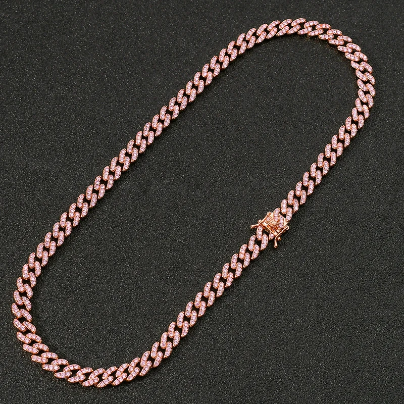 

HIP Hop Claw Setting Pink Cubic Zirconia Bling Iced Out Cuban Miami Link Chain Chokers Necklaces for Women Men Rapper Jewelry