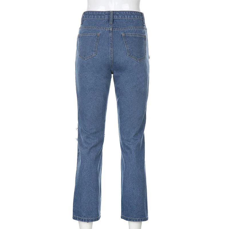 

Streetwear Hole High Waist Ripped Jeans for Women Fashion Baggy Solid Denim Women's Pants Boyfriend Jeans Capri Hip Hop Wear