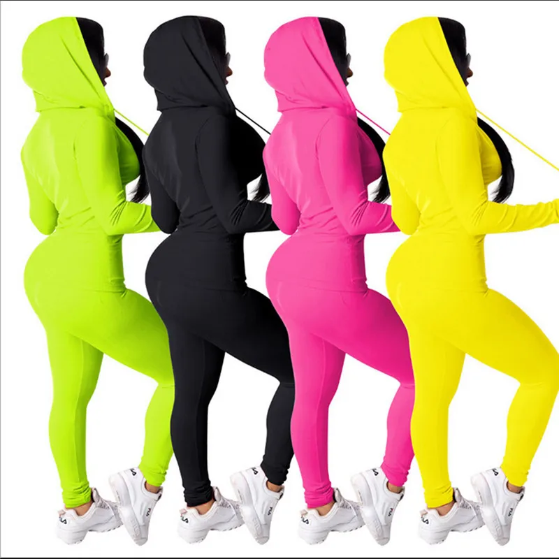 

6 Colors New Arrival Women Tracksuit 2 Piece Set Solid Color V-neck Hooded Long Sleeve Zipper Tops Long Legging Tight Pants 2020