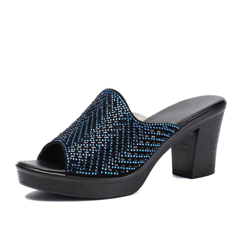 

Women's Slippers 2020 Ladies Summer Genuine Leather Crystal Slides Thick High Heel Peep Toe Fashion Outdoor Zapatos De Mujer
