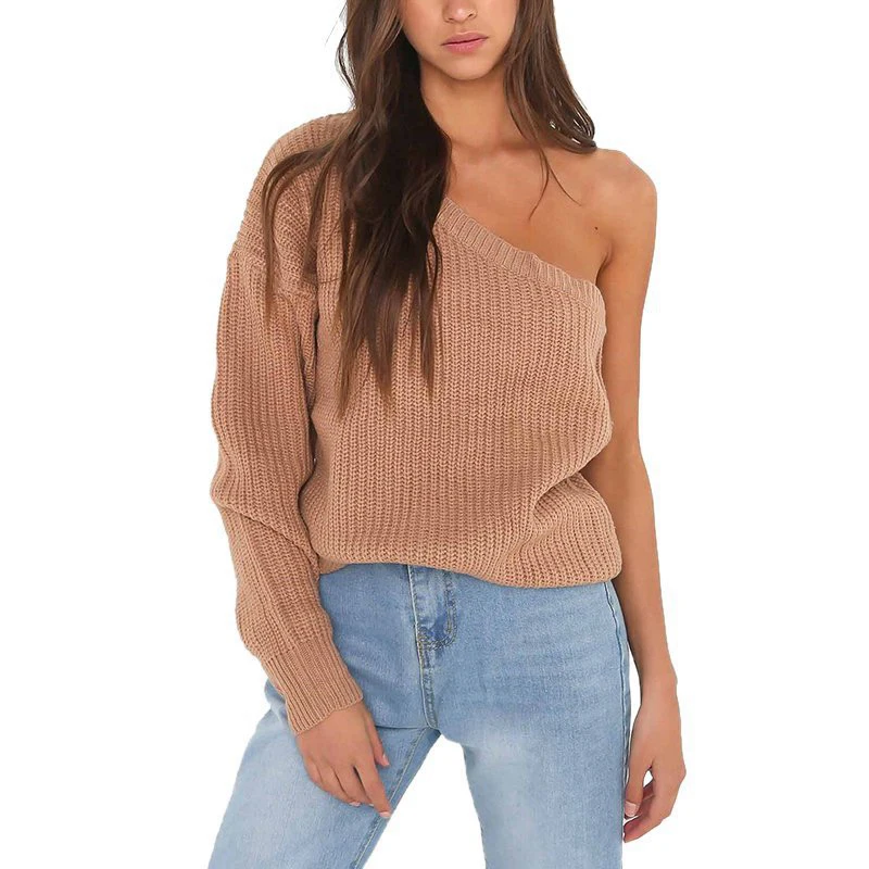 Осень-зима 2021 базовый женский свитер вязаный на одно плечо Женский пуловер