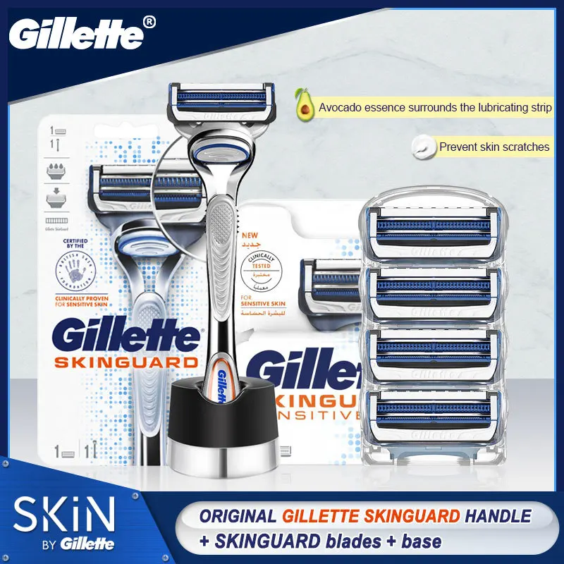 

Gillette Skinguard Sensitive Skin Straight Shaver For Men Include Handle And Safety Replacement Razor Blade Heads/Base New