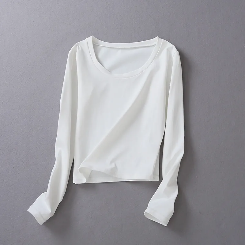 

Новинка весна-лето 2020, уличный однотонный пуловер с круглым вырезом и длинными рукавами, женская футболка, тонкая и короткая Базовая футбол...