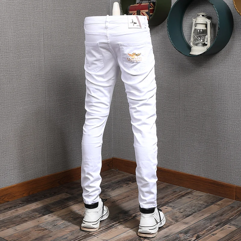 Summer Men Thin White Jeans Men Fashion Pocket Embroidery Slim Fit Straight Pants Casual Cotton Denim Trousers