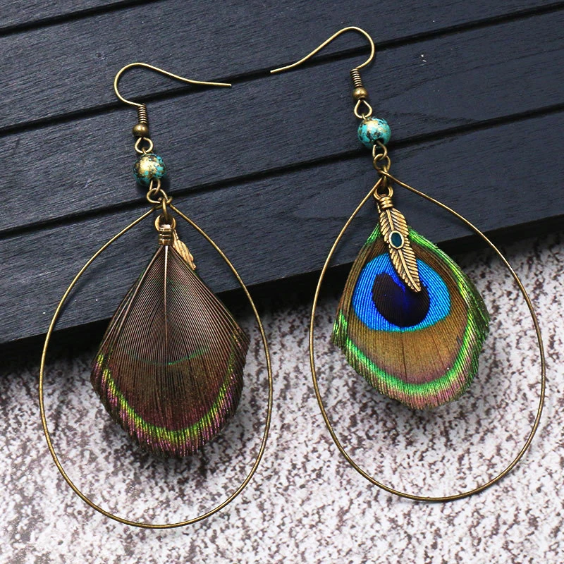 M & G большие серьги с павлиньими натуральными перьями для женщин этнические