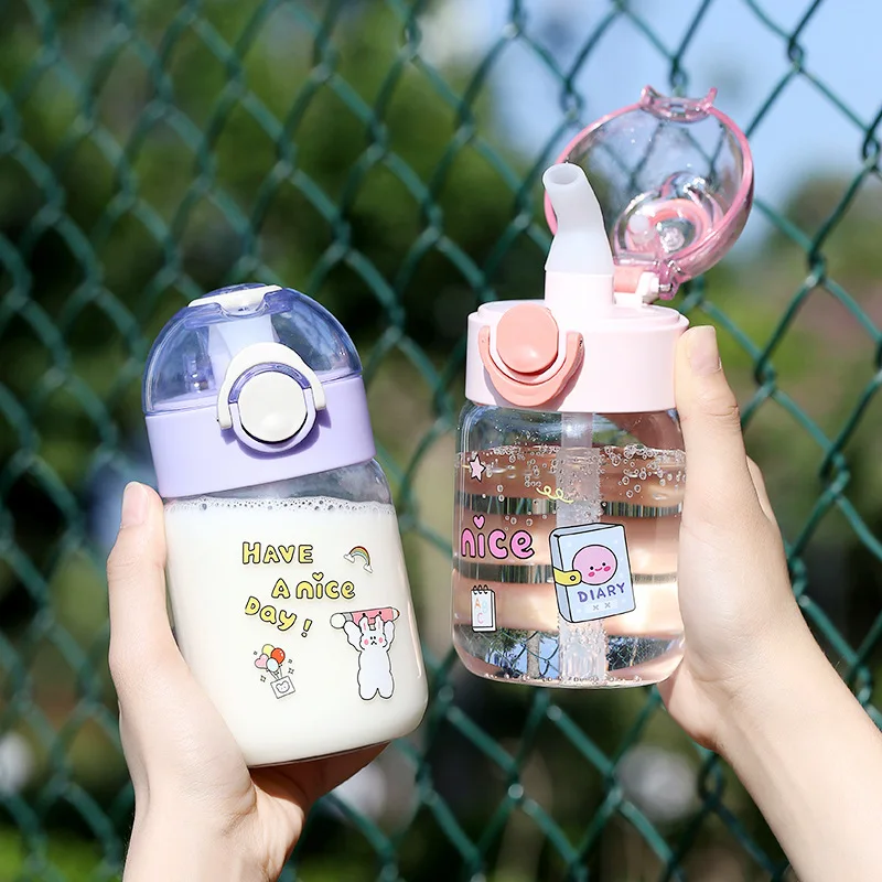 

Kawaii Glass Water Bottle With Straw For Girl Adults Cute Cartoon Outdoor Portable Leak-proof Student Drinking Cup With handle