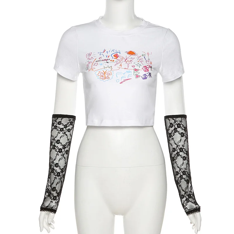 

Gothblack Summer Fashion O Neck Slim Printing Short Sleeve Tshirt + Lace Sleeve Women Chic Casual White Streetwear Bodycon Tops