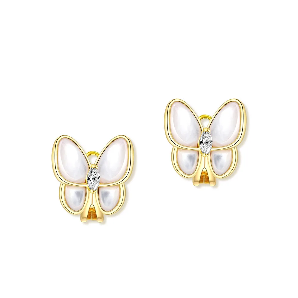 

100% 925 Silver Butterfly White Mother-Of-Pearl Earrings Buckle Temperament Phnom Penh Luxury Ladies Prom Exquisite Jewelry