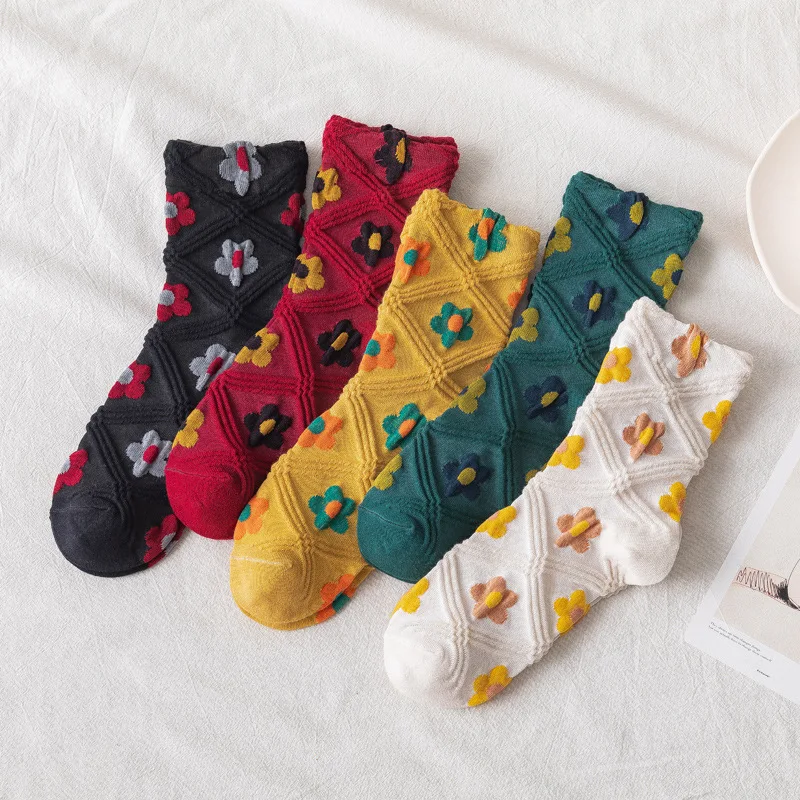 

Colorful Flower Socks Women Ins Retro Striped Tube Socks Cartoon Cute Sweet Striped Girl Cotton Socks Original Christmas Gift