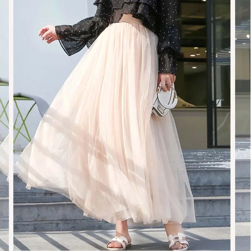 

Bohemian Long Tulle Skirt Female 2021 High Waist Prom Dress Skirt Summer Elastic Waist Adult Tutu Simple Pure Color Mesh Skirt