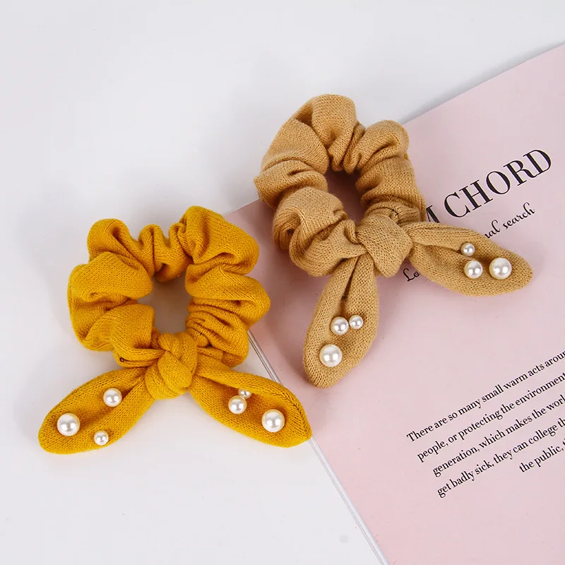 Резинка для волос с жемчугом женская модная однотонная шерстяная эластичная