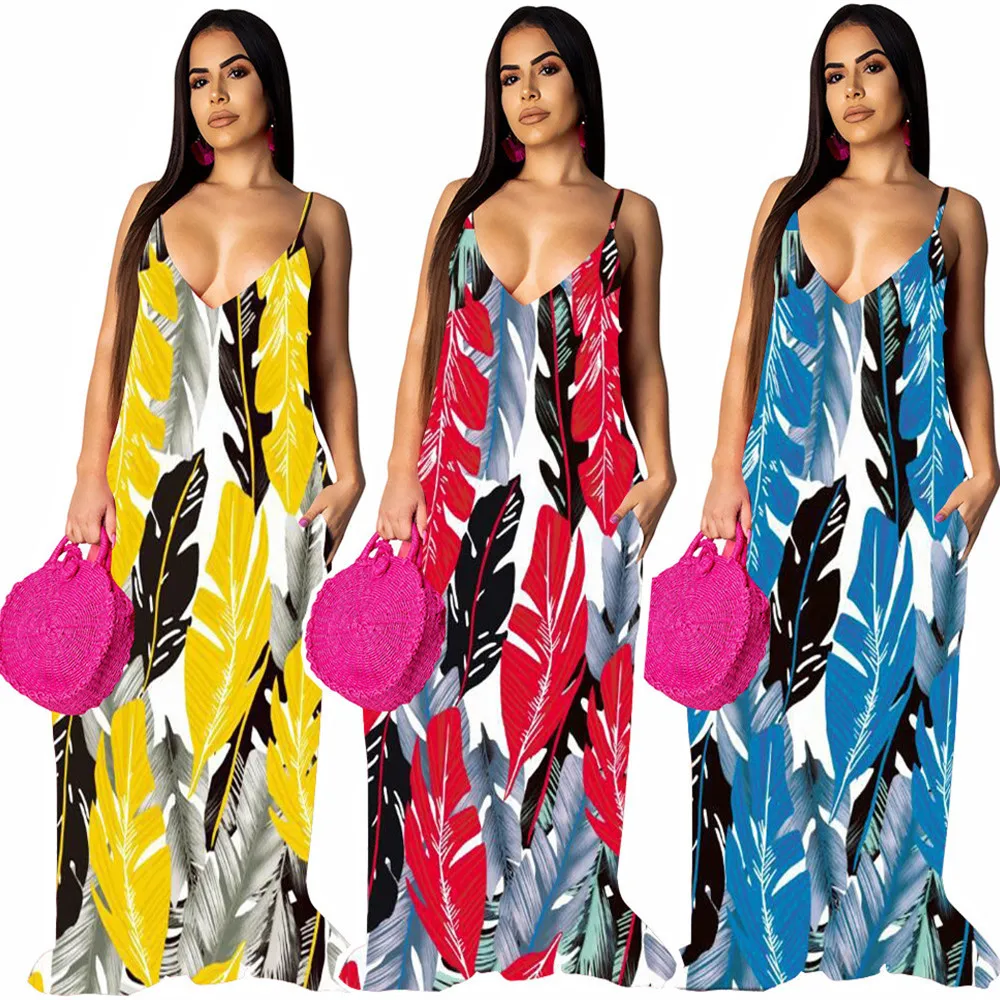 

2022 Autumn New Women's Cotton Urban Casual Printed Sling Big Swing Dress Sexy Sleeveless V Neck Loose Comfortable Long Dresses