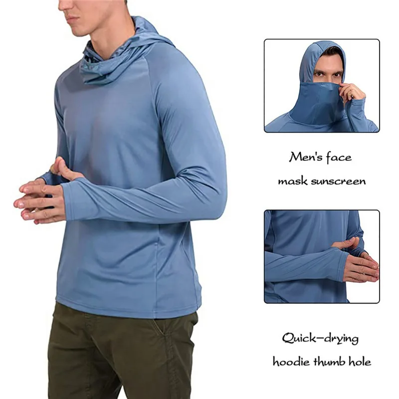 

Men's Face Mask Sun Protection Shirt Quick Dry Hoodies Thumbholes Outdoor Long Sleeve Workout Fishing Clothing 2021
