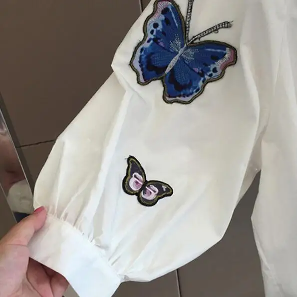 Белая блузка 2019 Весна Лето длинный рукав бабочка нашивки рубашка женская одежда