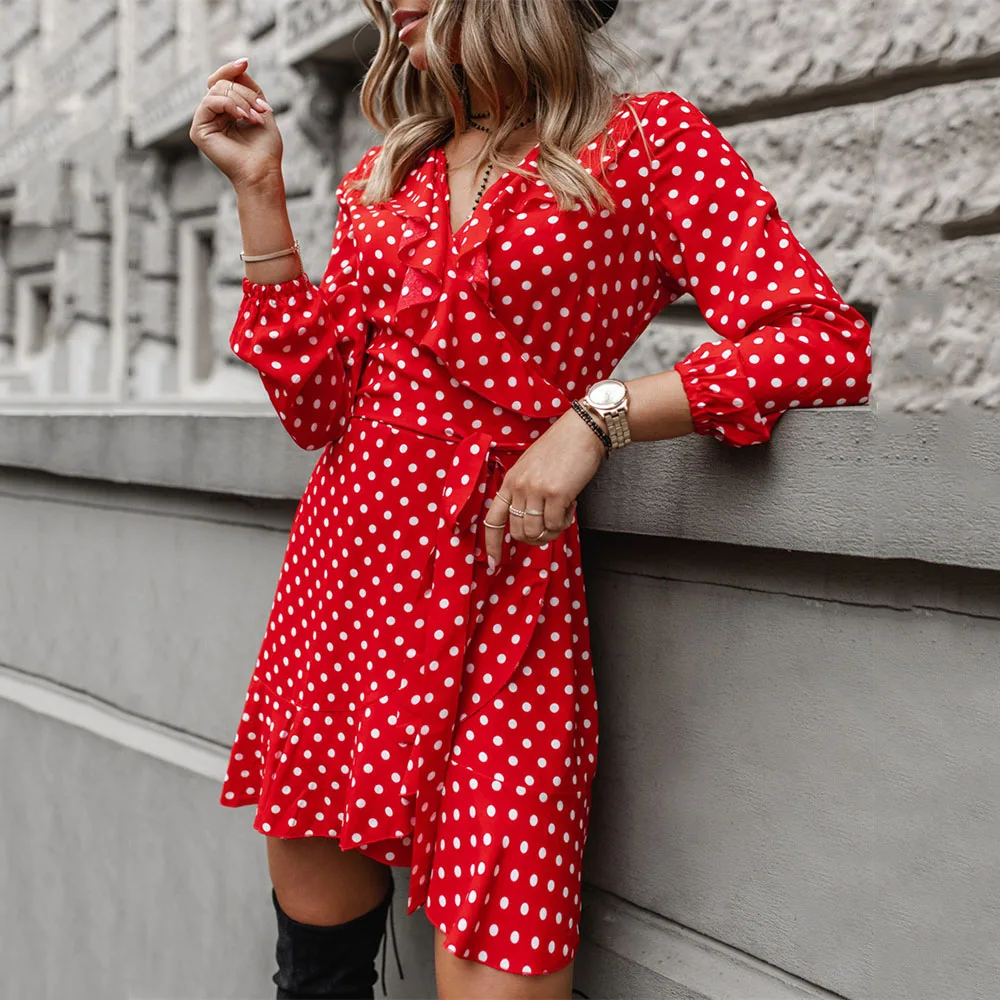 

For Women's Autumn Dresses Fashion V Neck Printed Polka Dot Ruffled Casual Loose Lace Up Ladies Long Sleeve Midi Dresses 2021
