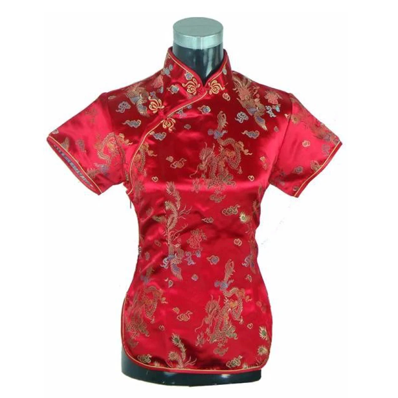 Рубашка Женская атласная с коротким рукавом красный топ в традиционном