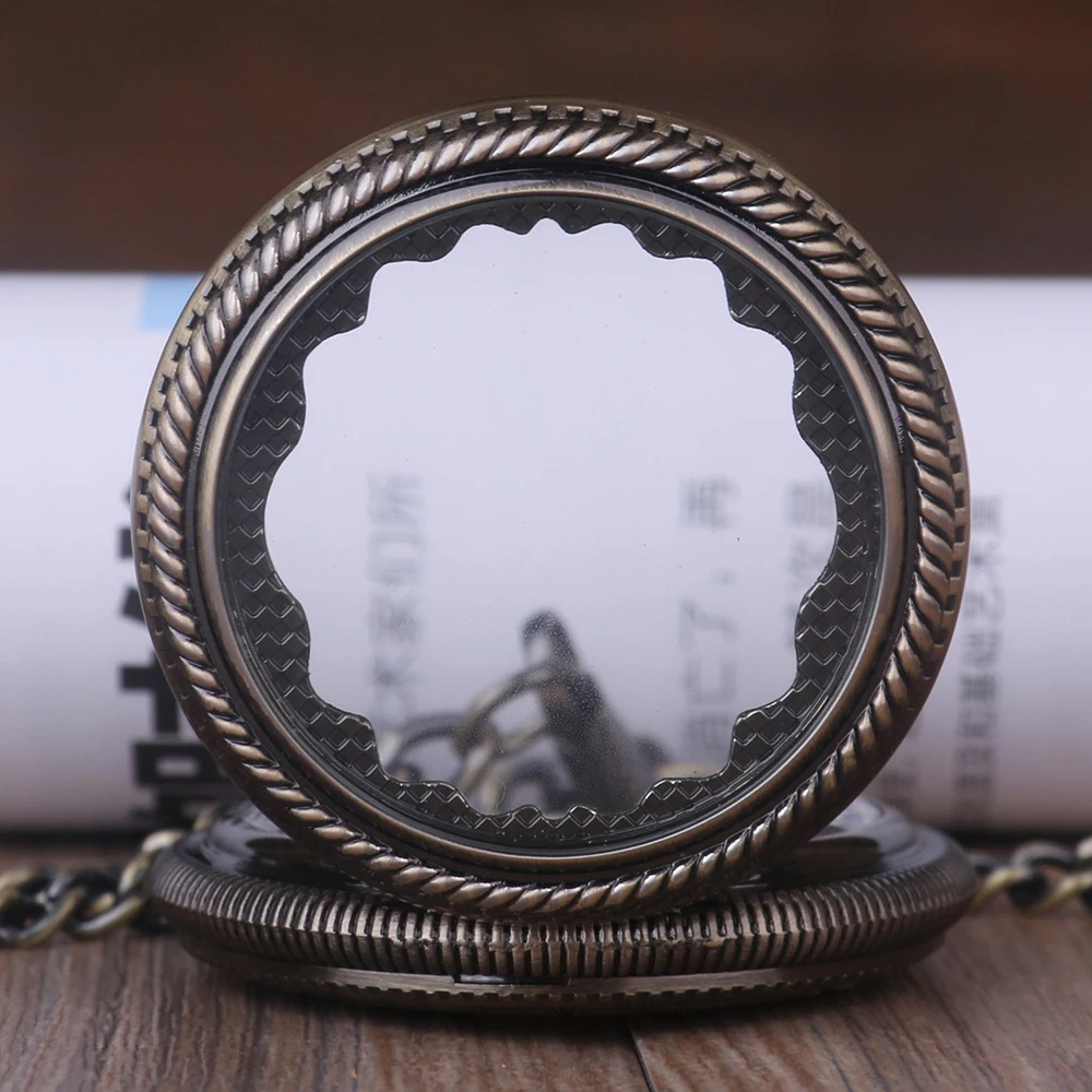 New Fashion Unique Self Wind Pocket Watch Bronze Pendant Retro Skeleton Mechanical Pocket Watch Women Men