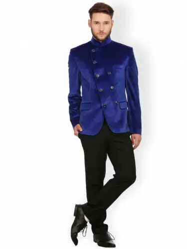 

Latest unique design double breasted royal blue velvet men's blazer wedding party jacket with black pants terno masculino