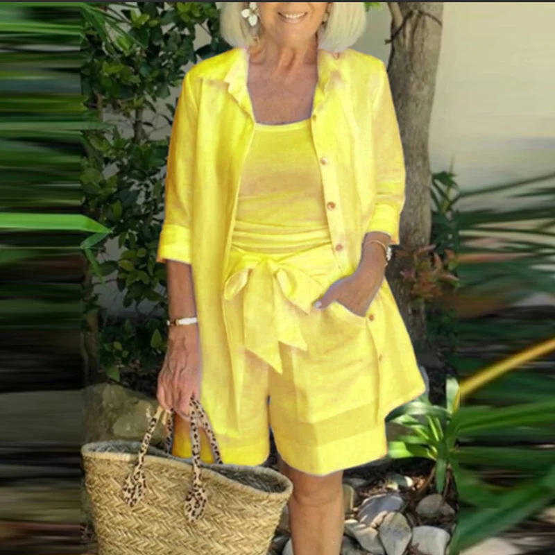 

Women Sexy Off Shoulder Top Pullover and Bow Shorts and Cardigan Outfits Solid Button Shirt Sets 2021 Spring Three Piece Suit