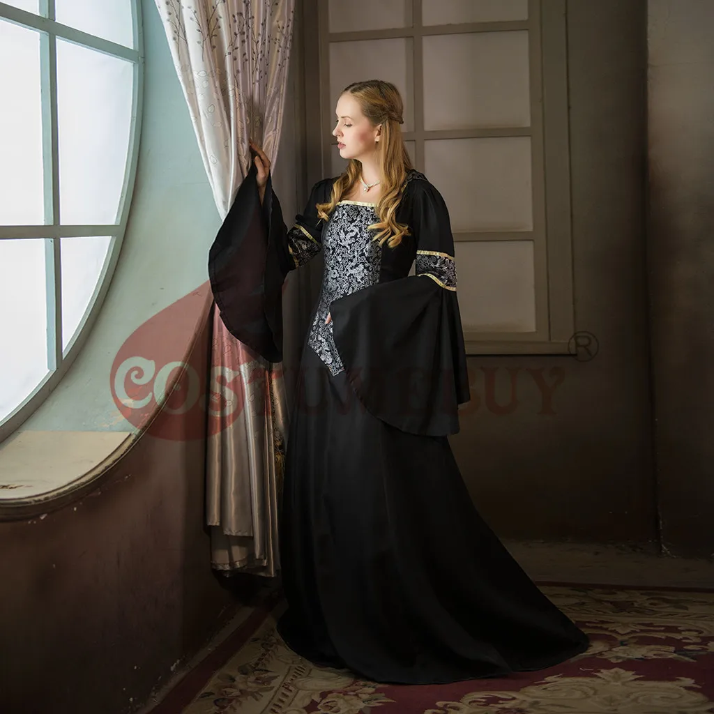 Костюм для женщин средневековое женское черное платье с рукавами-фонариками