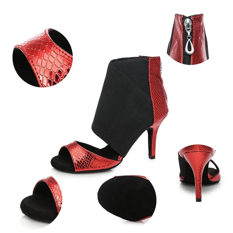 DKZSYIM/красные/Серебристые ботинки для латинских танцев женские туфли с открытым