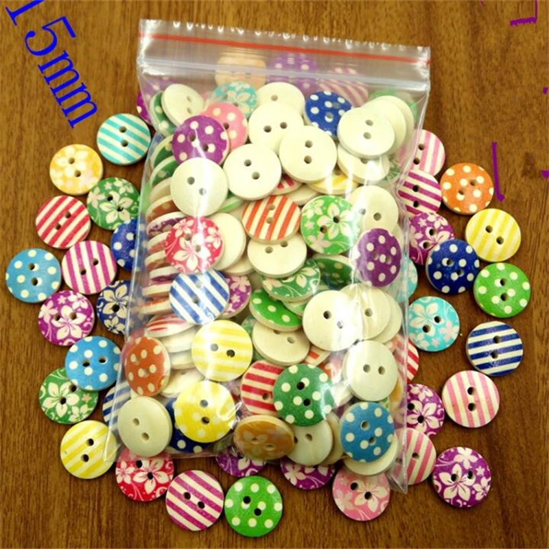 100 шт. деревянные пуговицы 15 мм с 2 отверстиями полосатые цветы смешанные конфеты